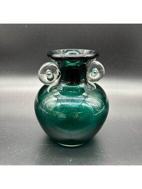 Art Glass Vase Forest Green Glass Clear Applied Handles Polished Bottom Handmade